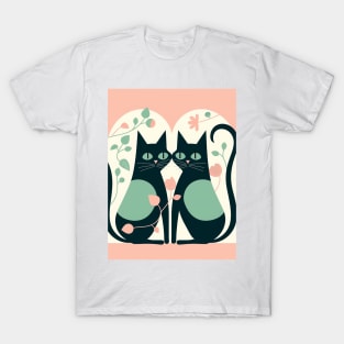 "Whimsical Cat Romance" - A vintage-style flat illustration of two cats in love with a playful feel and less saturated colors. T-Shirt